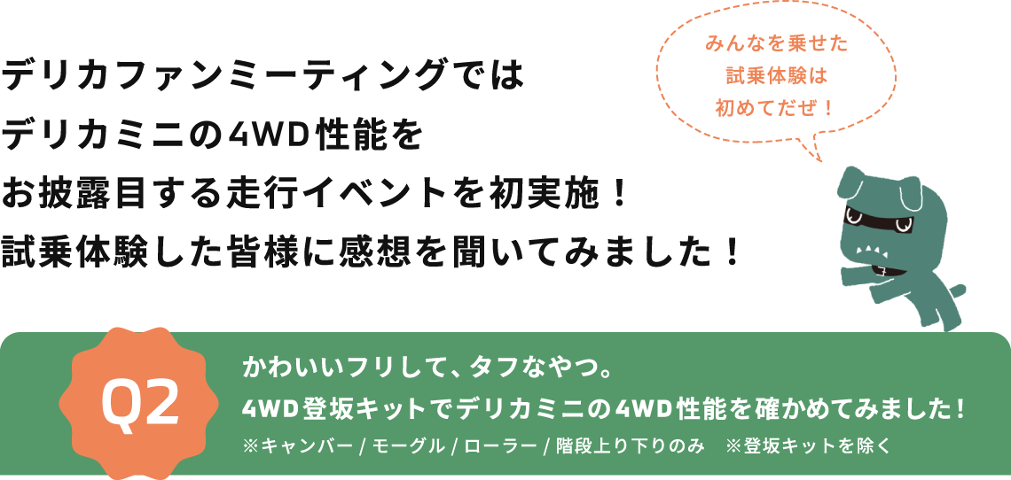 デリカファンミーティングではデリカミニの4WD性能をお披露目する走行イベントを初実施！試乗体験した皆様に感想を聞いてみました！ Q2 小さくたってデリカミニの4WD性能はすごい？4WD登坂キットを使ってその性能を確かめてました！ ※キャンバー/モーグル/ローラー/階段上り下りのみ