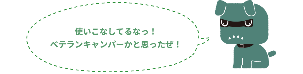 使いこなしてるなっ！ベテランキャンパーかと思ったぜ！