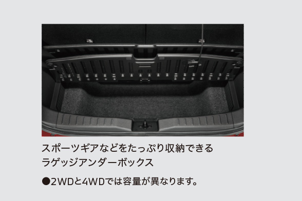 高さのある荷物も、すっぽり縦に積める。その秘密は、ラゲッジルームの下にあります(2WD)